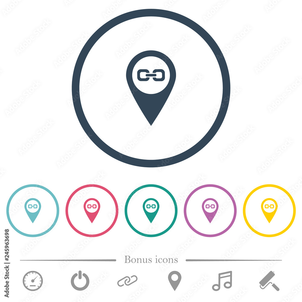 Poster link gps map location flat color icons in round outlines