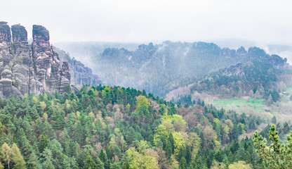 Bastai Dresden Germany.Park Saxon Switzerland.The cliffs are located not far from Rathen near the town of Pirne in the south-east of Dresden.The rocks in the fog.Beautiful landscape.Mountains travel.