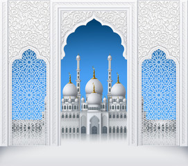 Illustration of door or window of mosque, geometric pattern, background for ramadan kareem greeting cards