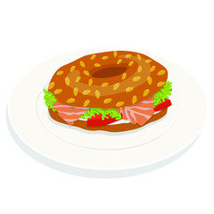 Bagel with cream cheese, salmon, salad and tomato on a plate isolated on white background. Flat vector illustration