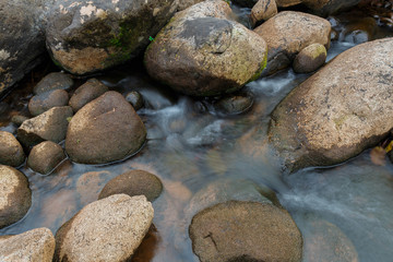 Natural stream with rock and smooth flowing water in the forest.