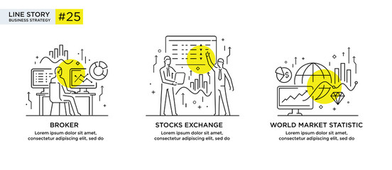 Set of illustrations concept with business concept. Workflow, growth, graphics. Business development, milestones, start-up. linear illustration Icons infographics. Landing page site print poster. Line