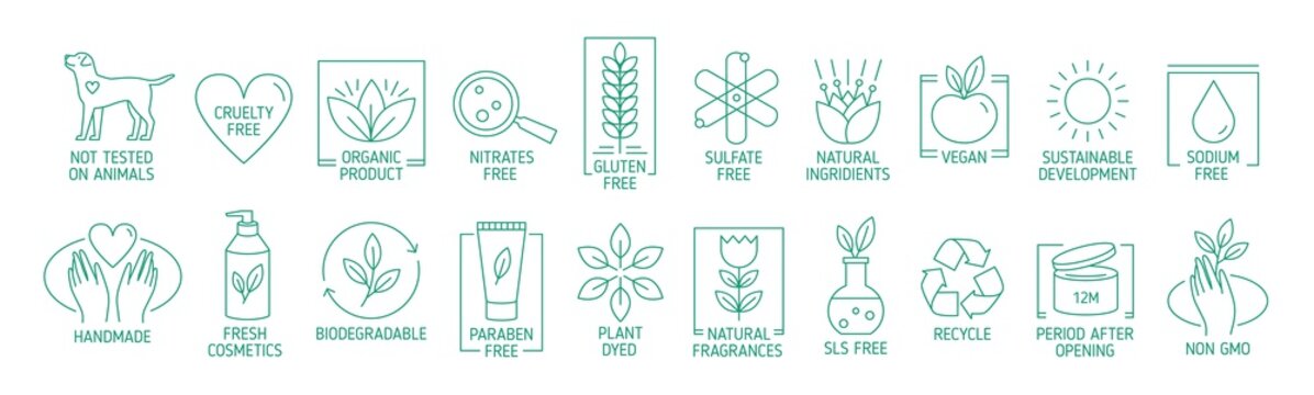 Collection of linear symbols or badges for natural eco friendly handmade products, organic cosmetics, vegan and vegetarian food isolated on white background. Vector illustration in line art style.