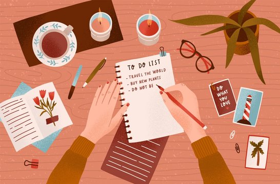 Woman s hands holding pen and writing down goals to achieve in notepad or making To Do List. Top view. Effective personal planning and organization. Colorful vector illustration in flat cartoon style.