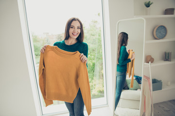 Cute lovely sweet elegant graceful tender she her lady showing clean clear silky soft bright vivid sweater after washing hands 