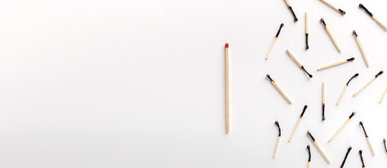 One big matchstick standing out of group of burnt