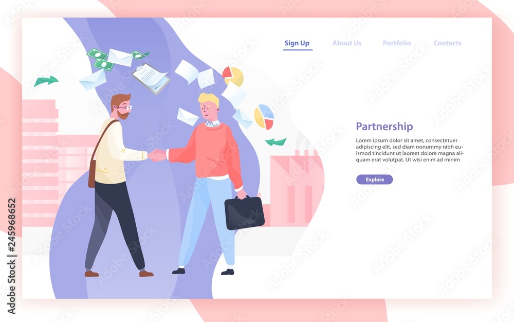 Poster web banner or website template with pair of business partners or businessmen shaking hands and place