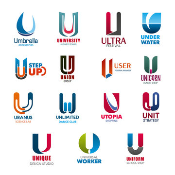Business company font alphabet letter U icons