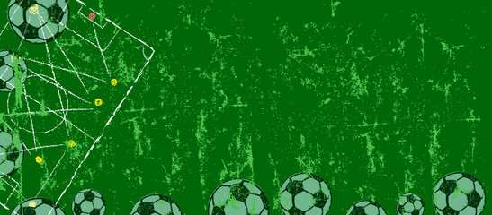 Fototapeta na wymiar Soccer or football design template, banner or background, w. tactics diagram, soccer balls, grunge style