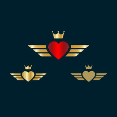 Valentine heart wings vector illustration. Heart and Crown with golden wings icon.