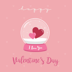 Happy Valentines Day Snow globe with Valentine hearts Vector Illustration for Wedding and Valentine's Invitation card.