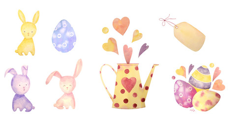 Watercolor drawn set with elements of happy easter. Rabbit, eggs, all isolated on white. for invitation, greeting cards