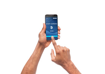 Bitcoin earning application on smartphone screen isolated