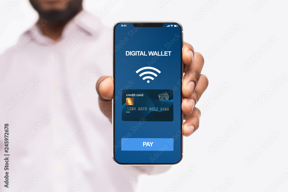 Poster Man holding smartphone with digital wallet application