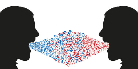 Face à face entre deux hommes de profil, qui veulent imposer leurs points de vue. L’un crachant des lettres, symbole de la littérature, l’autre crachant des chiffres, symbole des mathématiques © pict rider