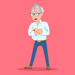 Portrait of grinning trendy elegant hipster grandpa. Wealthy flirt trendsetter hipster grandpa dressed in shirt and jeans. Happy old man on white background.