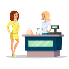 Young attractive girl shopping in a store. Modern girl. Discount concept. Smiling people, great design for any purposes. Happy female cashier. Sale concept on white background.