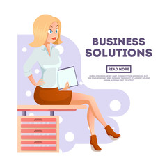 Stylish young beautiful secretary in elegant office clothes. Cute cartoon business woman sitting on a table with documents in hand. Secretary happy woman. Vector illustration on the white background.
