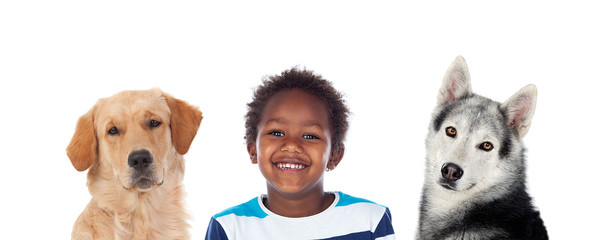 Portrait of two dogs with a funny child
