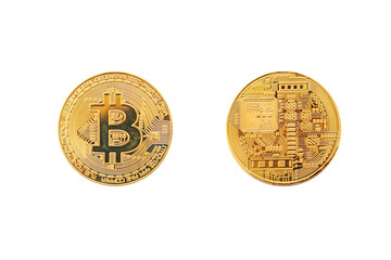 A set of bitcoin coins from the front and back side is isolated on a white background. Cryptocurrency
