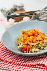 Pasta with Shrimp Dinner Dish on a the table