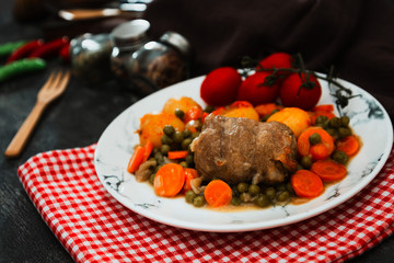 Beef meat stewed with potatoes-Traditional French cuisine Beef Bourguignon potatoes carrots in persillade