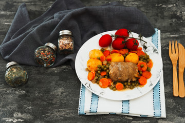 Beef meat stewed with potatoes-Traditional French cuisine Beef Bourguignon potatoes carrots in persillade