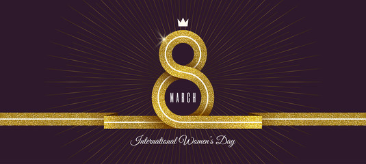 8 March International women's day greeting card - shining glitter gold ribbon in the shape of sign eight. Vector illustration.