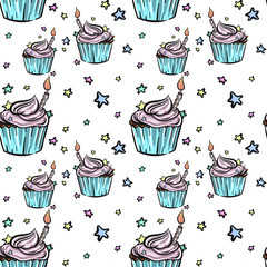 Hand Drawn Bithday Cupcake Seamless Pattern Illustration