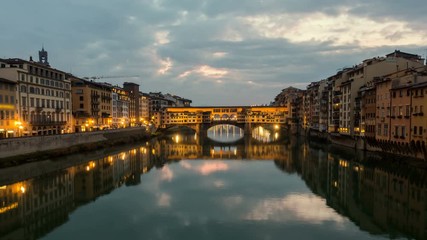 Night Timelapse of Ponte Vecchio at sunset, Florence, Tuscany, Italy.
