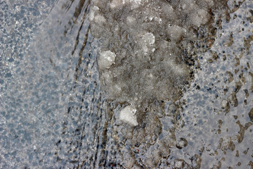 Melting snow asphalt slush water flow puddle dirty street sidewalk