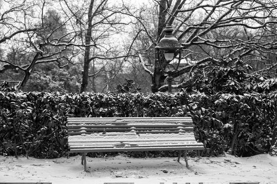Garden park in Rennes to Thabor, bench with snow, France