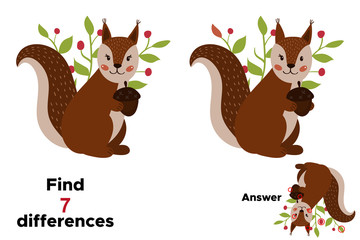 Educational game for preschool kids, find seven differences. With answer. Cute cartoon squirrel with acorn. Woodland animals. Vector illustration.