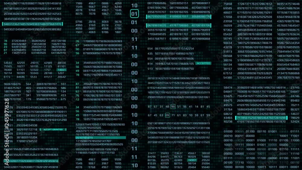 Poster HUD Futuristic Digital Data Number Code Animation For Screensaver, Background. Motion Abstract Binary Decimal Number Monitor Display.