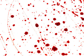 Fototapeta na wymiar Bloody splashes and drops on a white background. Dripping and following red blood (paint)