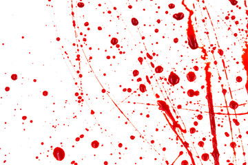 Bloody splashes and drops on a white background. Dripping and following red blood (paint)