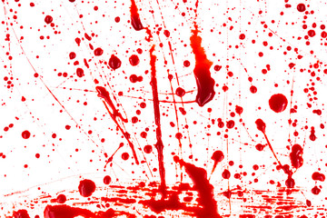 Bloody splashes and drops on a white background. Dripping and following red blood (paint)