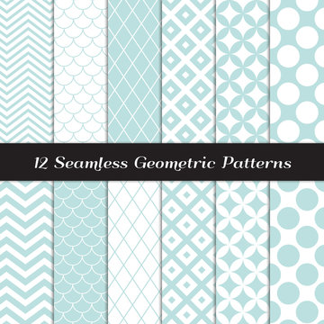 Pastel Aqua Blue and White Geometric Seamless Patterns. Retro Mod Backgrounds in Jumbo Polka Dot, Diamond Lattice, Scallops, and Chevron Patterns. Repeating Pattern Tile Swatches Included.
