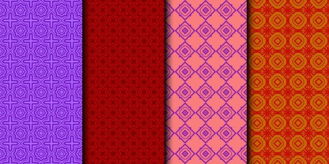 Set Of Modern Floral Seamless Pattern. Decorative Texture For Wallpaper, Invitation, Fabric. Vector Illustration. Color. Red color