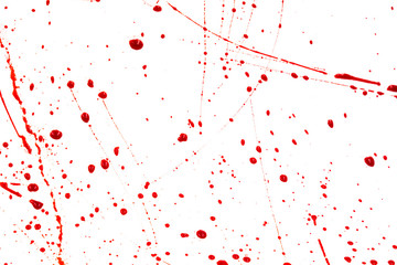 Bloody splashes and drops on a white background. Dripping and following red blood (paint) - obrazy, fototapety, plakaty