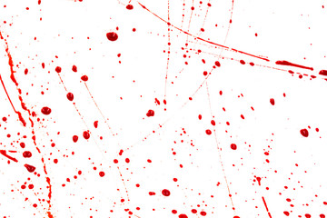 Bloody splashes and drops on a white background. Dripping and following red blood (paint)