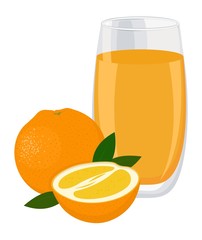 Orange drink. Glass of orange juice and slices of orange fruit. Vector illustration on white background