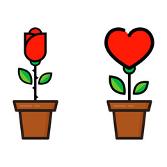 cartoon heart flower and flower rose in a pot vector set