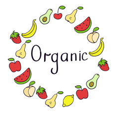 Vegan product label. World vegan day. Hand drawn rustic frame with fruits. Typography design. Vegan.