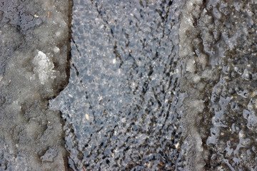 Melting snow asphalt slush water flow puddle dirty street sidewalk