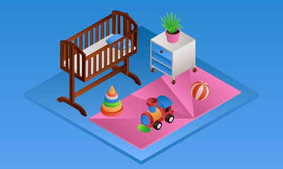 Blue room baby crib banner. Isometric illustration of blue room baby crib vector banner for web design