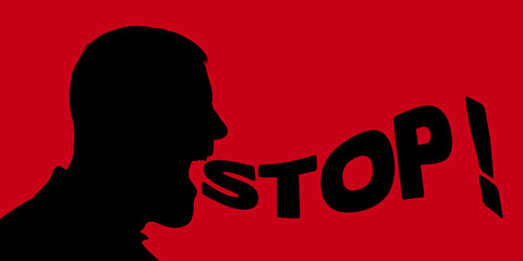 Concept de l’opposition totale, avec le profil d’un homme en colère qui crie le mot stop ! - obrazy, fototapety, plakaty