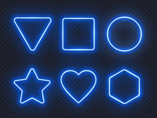 Set of blue glowing neon frames on dark background.
