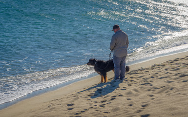 Friendship concept, man and his dog walking on beach.