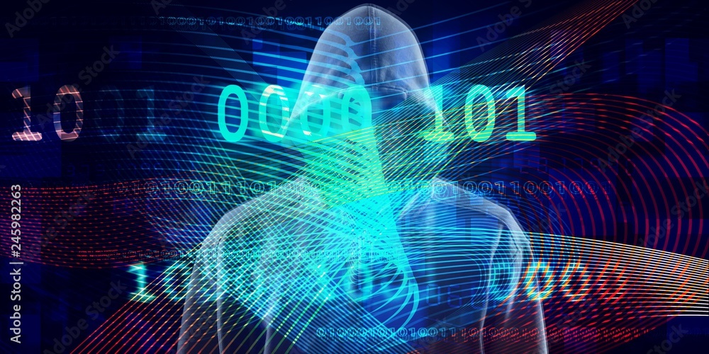Poster cyber hacker in hoodie on icons background